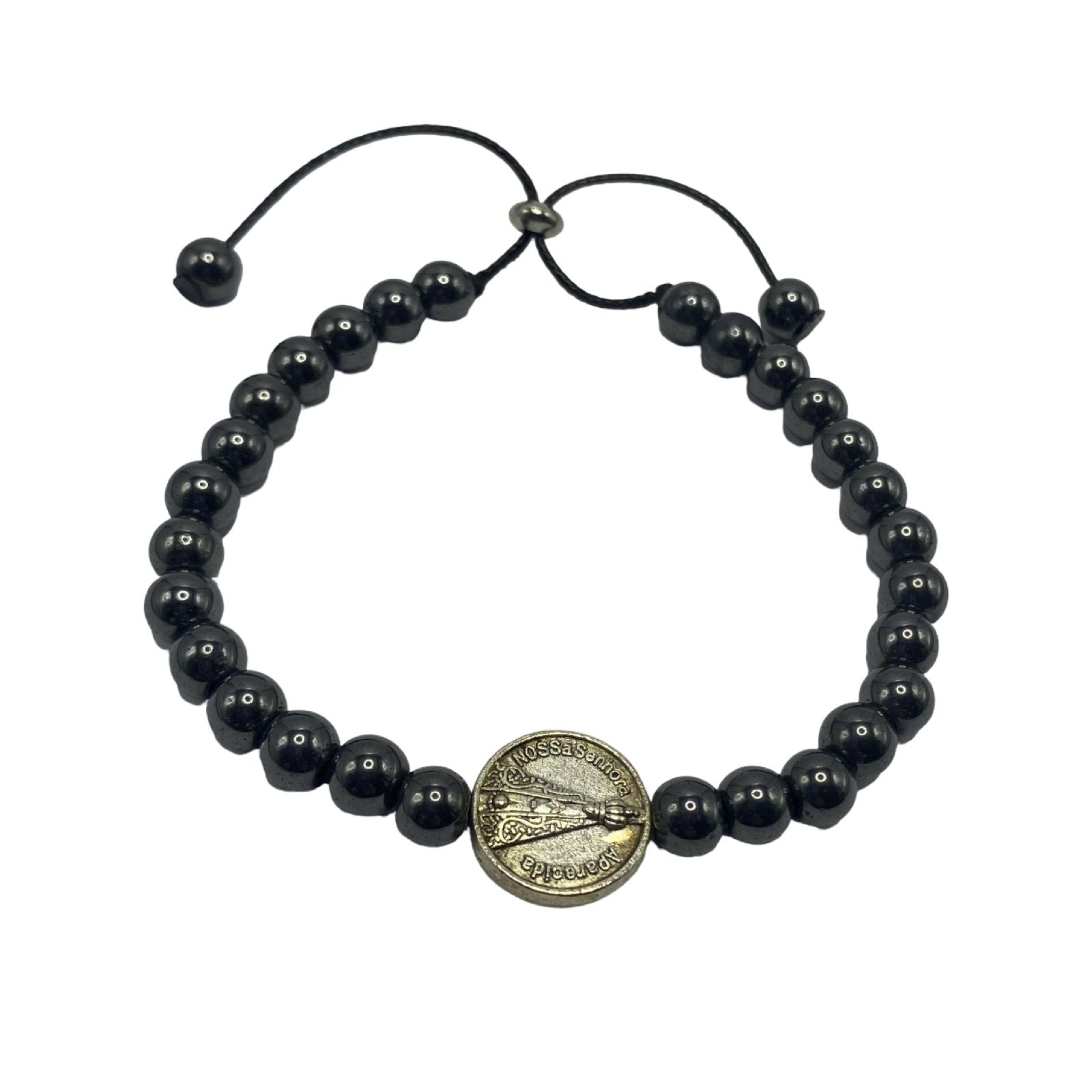 Pulseira Hematita com medalha redonda de N Sra Aparecida