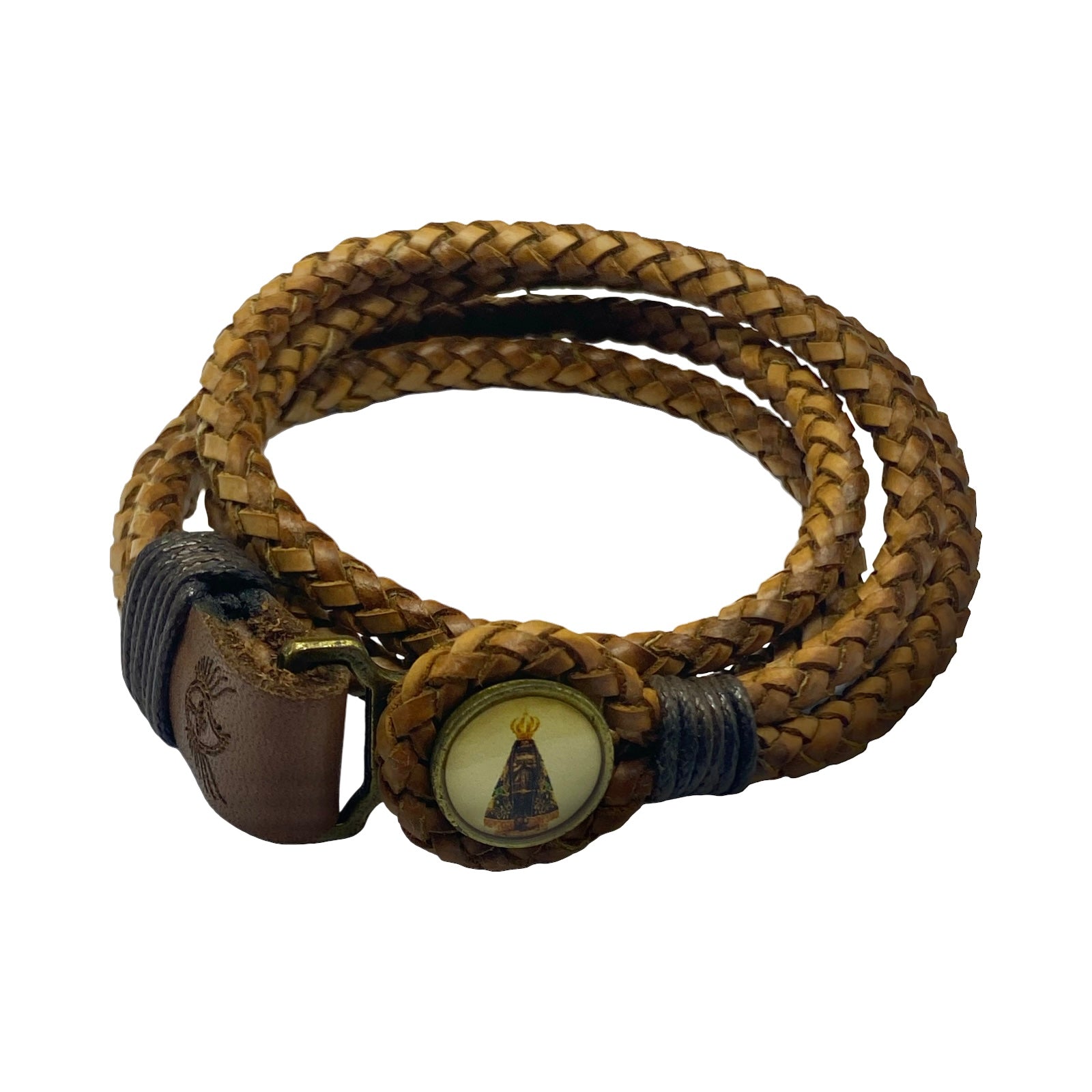 Pulseira N Sra Aparecida em Couro Trançado